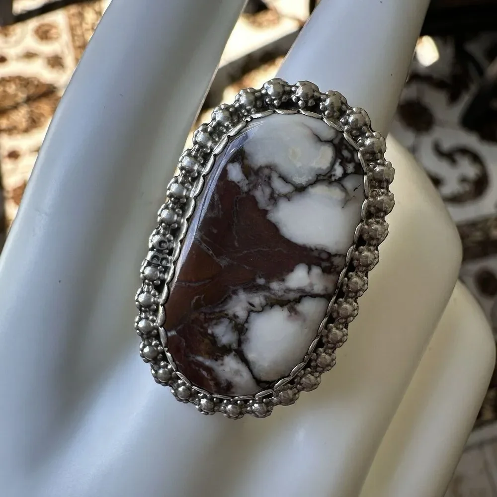 VTG Navajo James Shay Ring Wild Horse Stone Size 8.5 Sterling Silver Floral 9.9g